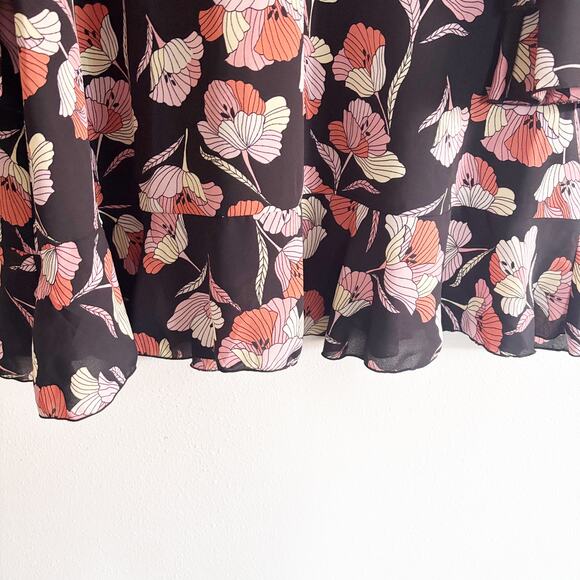 Who What Wear Dress Size L Black w/ Pink Cream Orange Floral Pattern Bell Sleeve - Picture 5 of 12